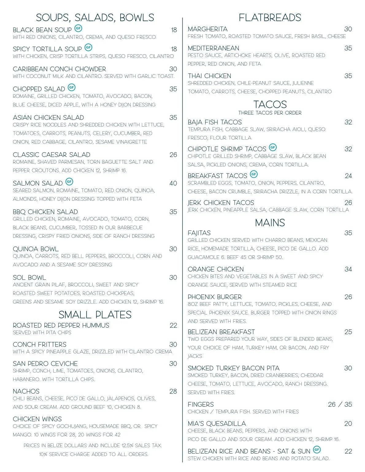 Lunch menu at Red Ginger San Pedro, including fresh ceviche, salads, and island-inspired sandwiches.