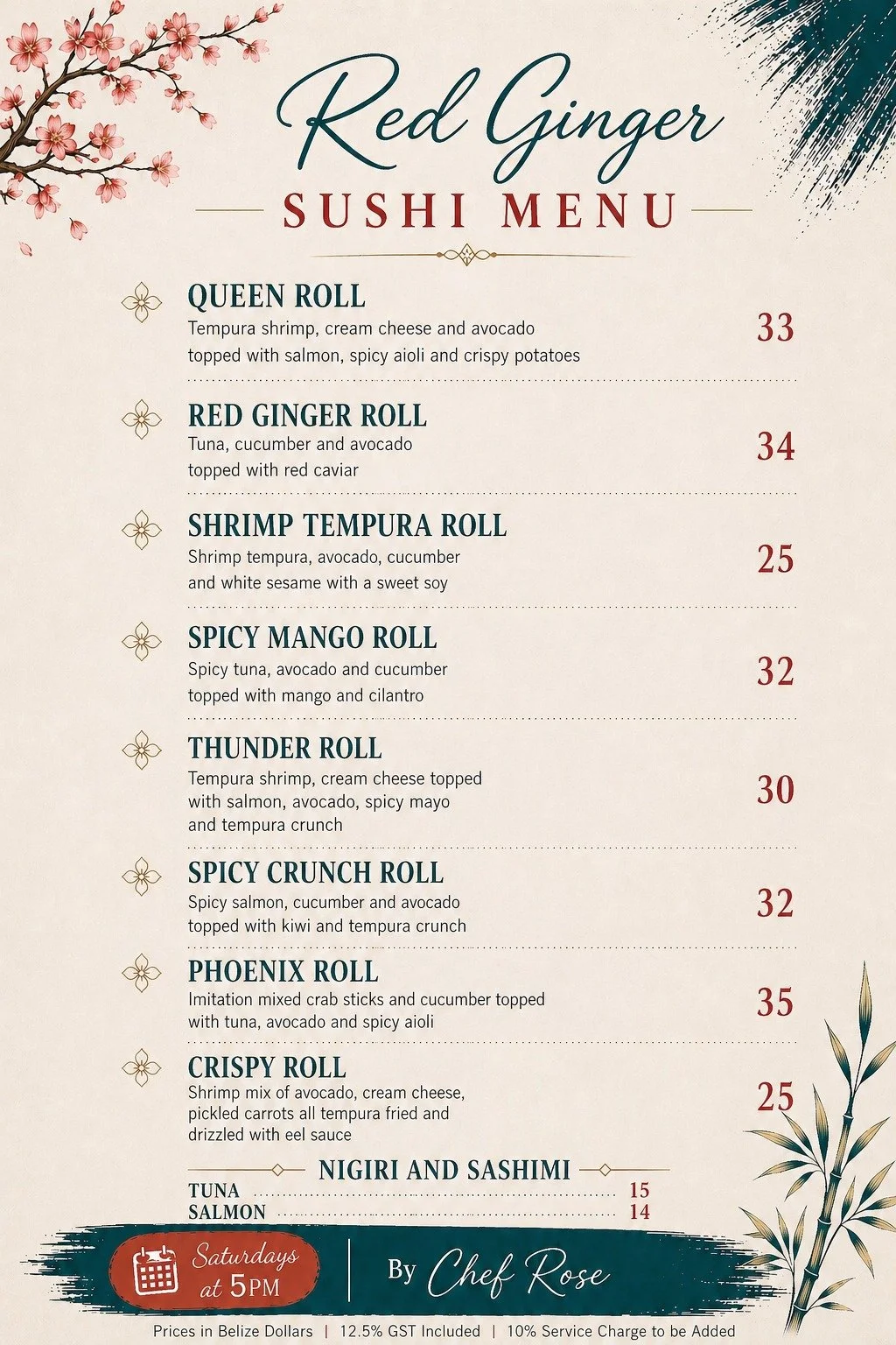 The Saturday night sushi menu at Red Ginger restaurant in San Pedro Belize featuring a variety of specialty rolls.