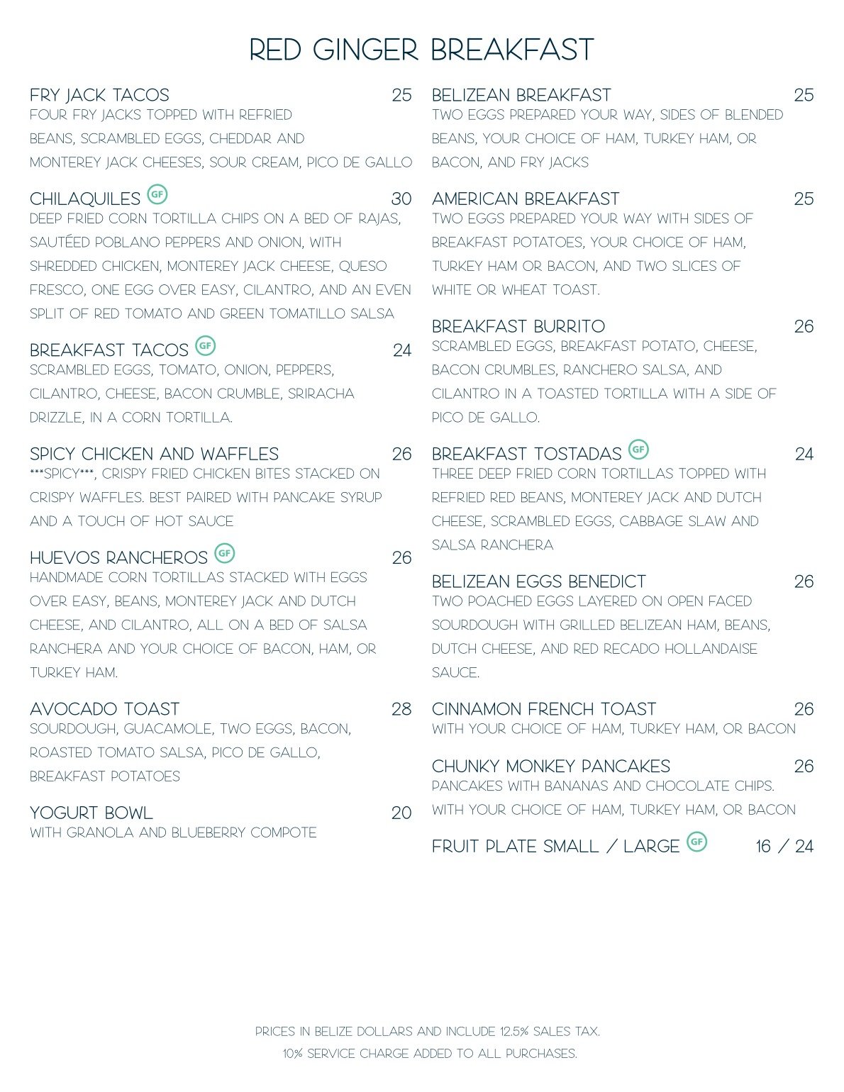 Famous brunch and breakfast menu at Red Ginger San Pedro, Belize, featuring signature eggs benedict, fry jacks, and mimosas.