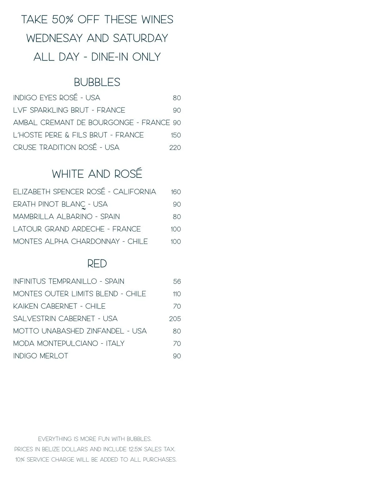 Promotion for 50% off all bottles of wine on Wednesdays and Saturdays at Red Ginger San Pedro, Belize.