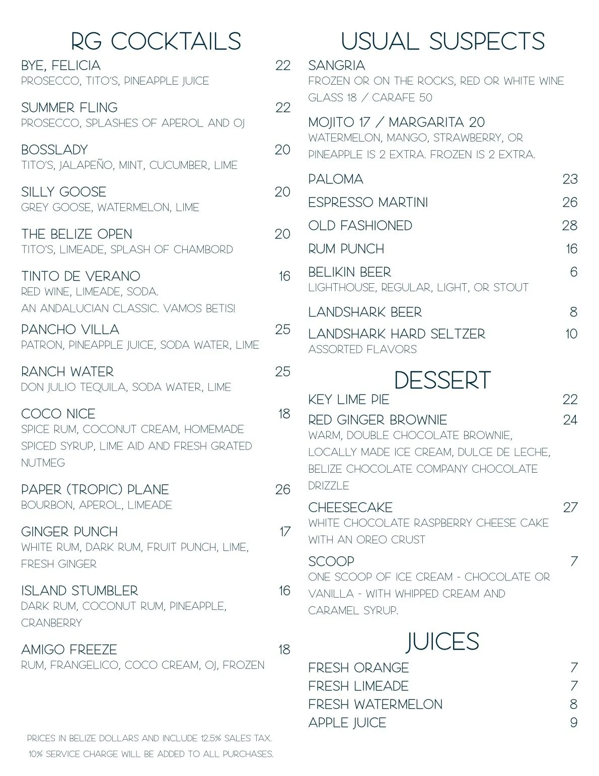 Signature cocktail and dessert menu at Red Ginger San Pedro, featuring tropical drinks and island-inspired sweets.