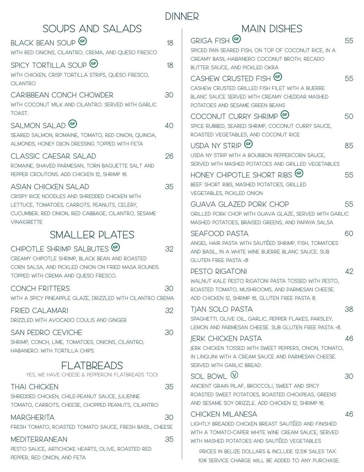 Fine dining dinner menu at Red Ginger featuring local seafood, steak and curated Belizean appetizers..