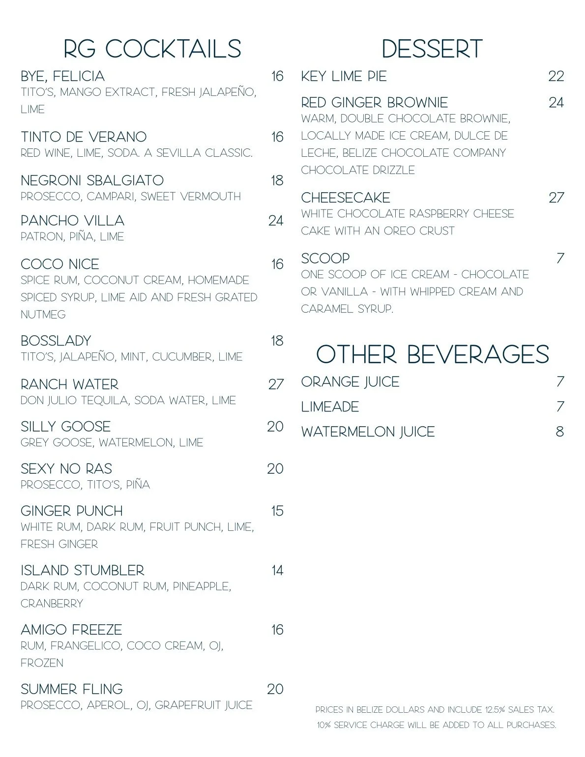 Signature cocktail and dessert menu at Red Ginger San Pedro, featuring tropical drinks and island-inspired sweets.