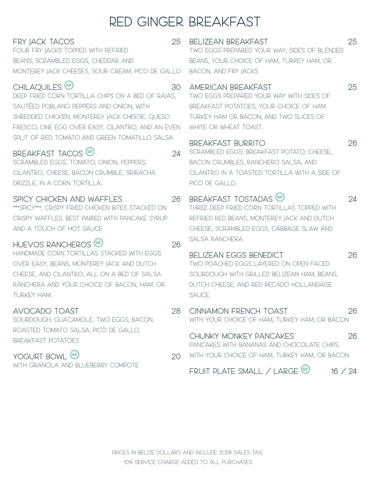 Famous brunch and breakfast menu at Red Ginger San Pedro, Belize, featuring signature eggs benedict, fry jacks, and morning cocktails.