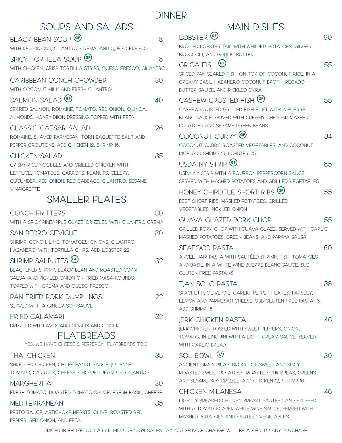 The dinner menu for Red Ginger restaurant in San Pedro Belize featuring innovative Caribbean and seafood dishes with sections for appetizers, entrees, and desserts.