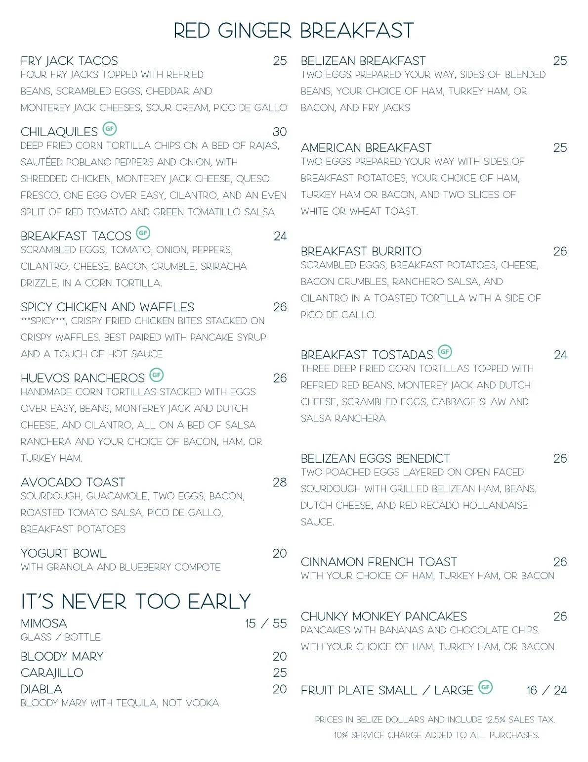 Famous brunch and breakfast menu at Red Ginger San Pedro, Belize, featuring signature eggs benedict, fry jacks, and mimosas.