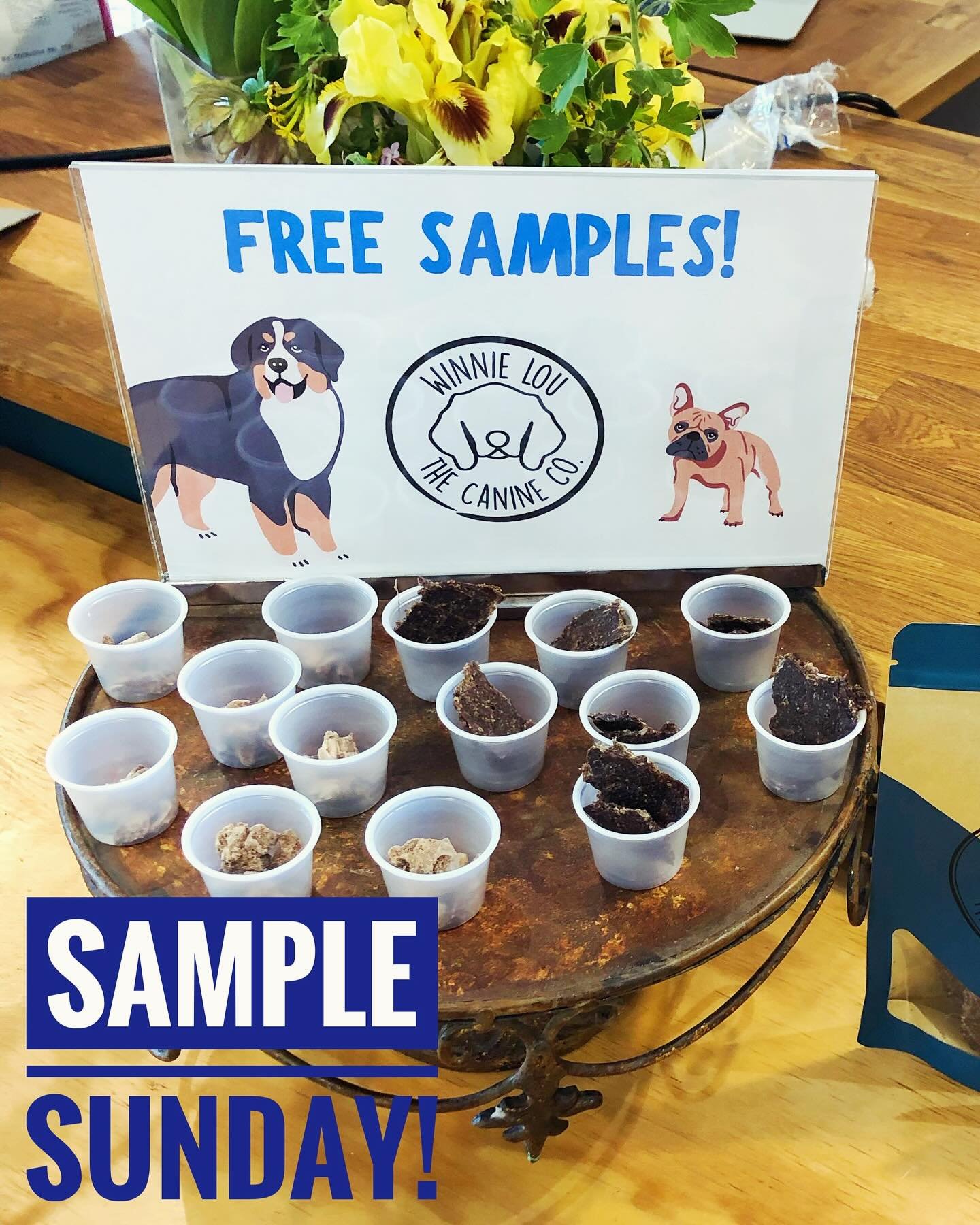 Oh hello, Sample Sunday! 🤩

Today in the shop: 
Winnie Lou dog &amp; cat treats! We picked 2 novel proteins, bison and elk, so for any of you picky eaters or pups &amp; kitties with sensitive tummies or skin, these are the treats for you!

A little 
