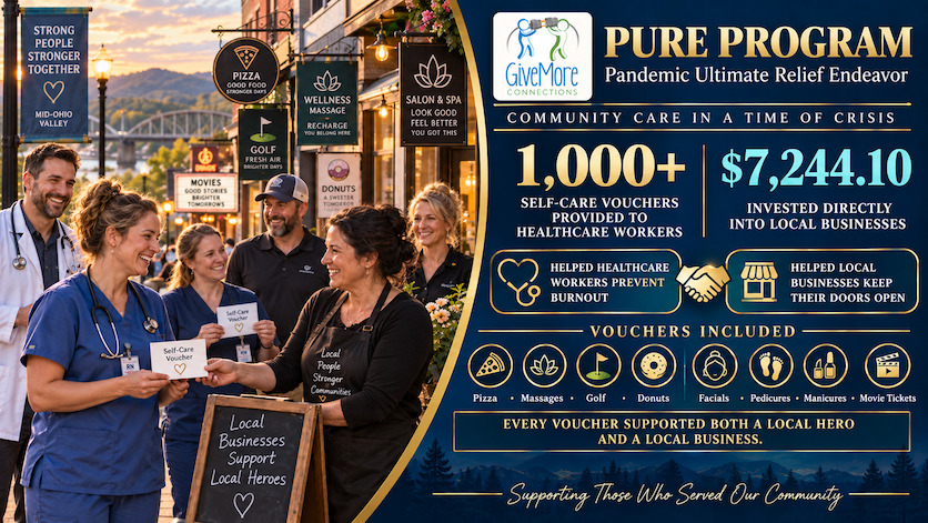 Healthcare workers receive self-care vouchers from a local business owner, part of the PURE Program's 1,000+ vouchers and $7,244.10 invested in local businesses during the pandemic.