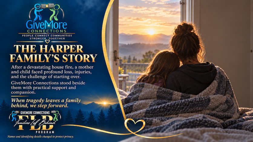 A mother and daughter wrapped in a blanket watch the sunrise, illustrating the Harper family's story of starting over after a house fire with help from the Families Left Behind Program.