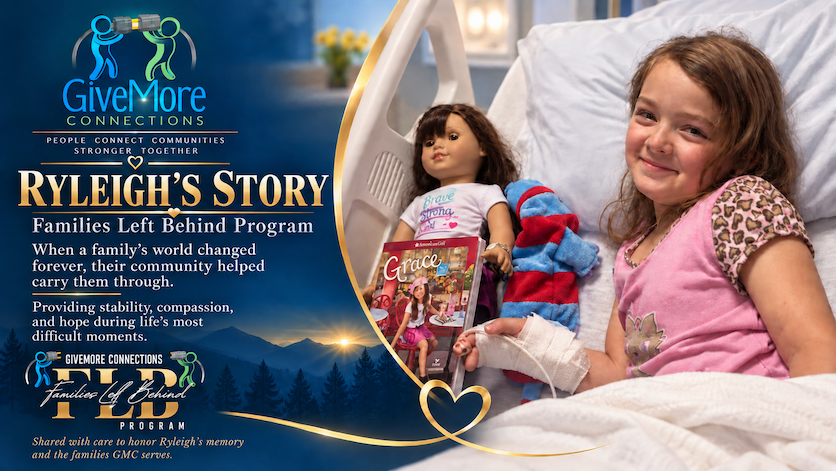 A young girl smiles in a hospital bed holding a doll and a book, honoring Ryleigh's memory through the Families Left Behind Program.