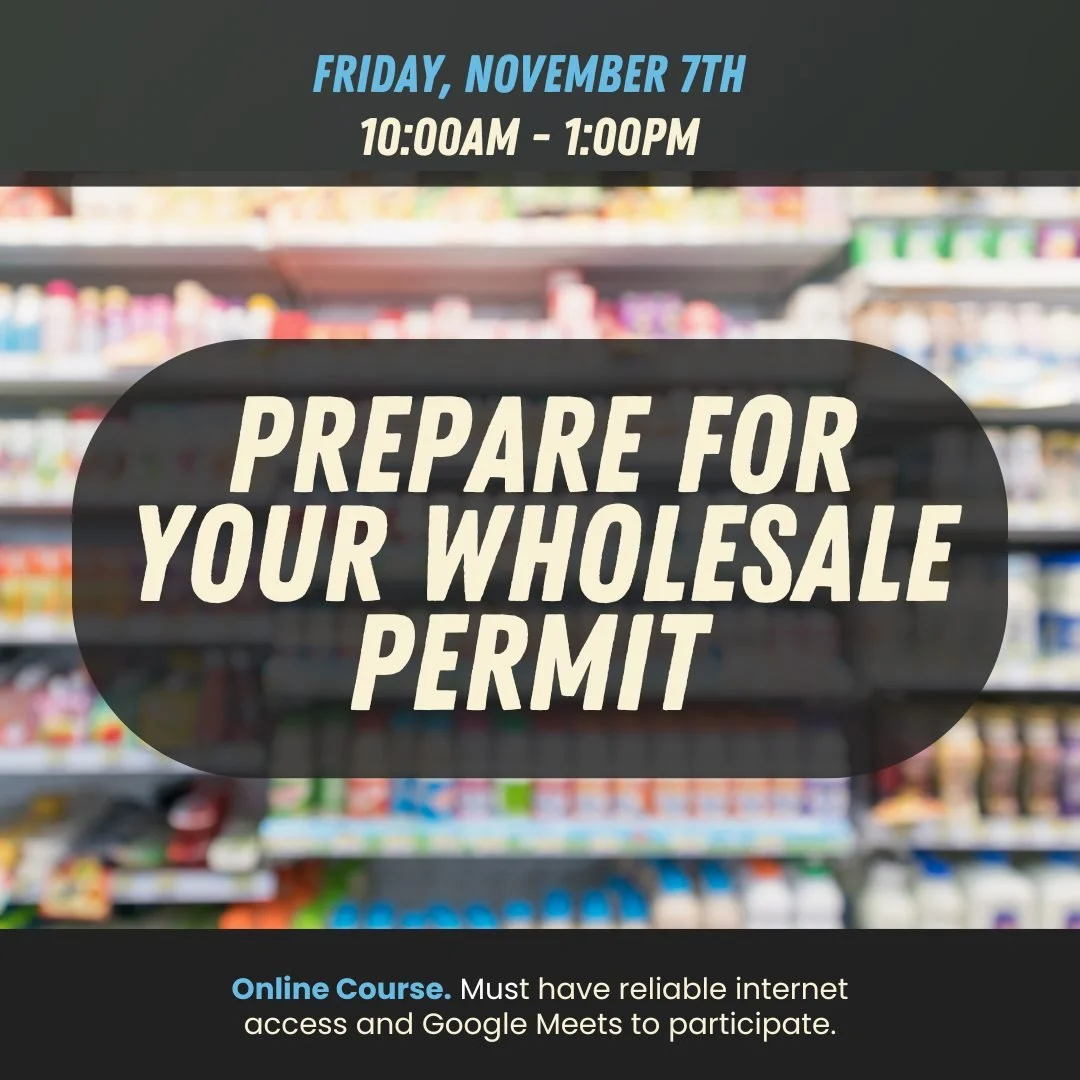 Thinking about selling your products wholesale?
Join our Prepare for Your Wholesale Permit online class! 

- Friday, November 7th | 10AM&ndash;1PM
- Learn what&rsquo;s required and get step-by-step guidance to confidently apply for your permit.

Regi
