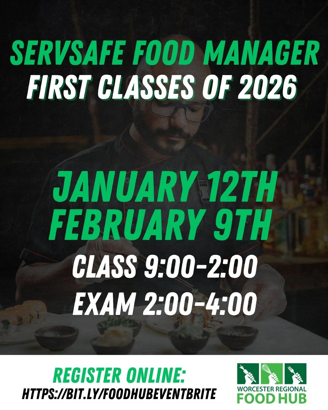 FIRST SERVSAFE CLASSES OF 2026! 
Start the year certified and ready to go &mdash; join one of our upcoming ServSafe Food Manager classes and exams this winter.

📅 Monday, January 12th or Monday, February 9th
🕘 Class: 9:00 AM &ndash; 2:00 PM
📝 Exam