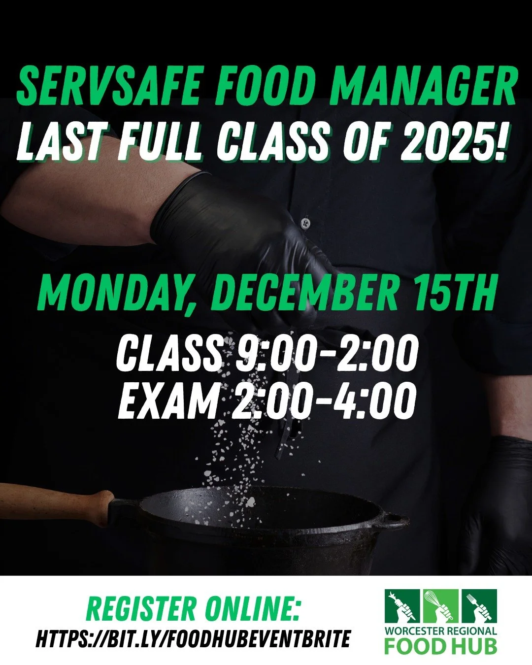 🚨 LAST FULL SERVSAFE CLASS OF 2025! 🚨
If you need your Food Manager Certification for the new year, don&rsquo;t miss this final opportunity to take the full ServSafe course and exam before the holidays!

📅 Monday, December 15th
🕘 Class: 9:00 AM &