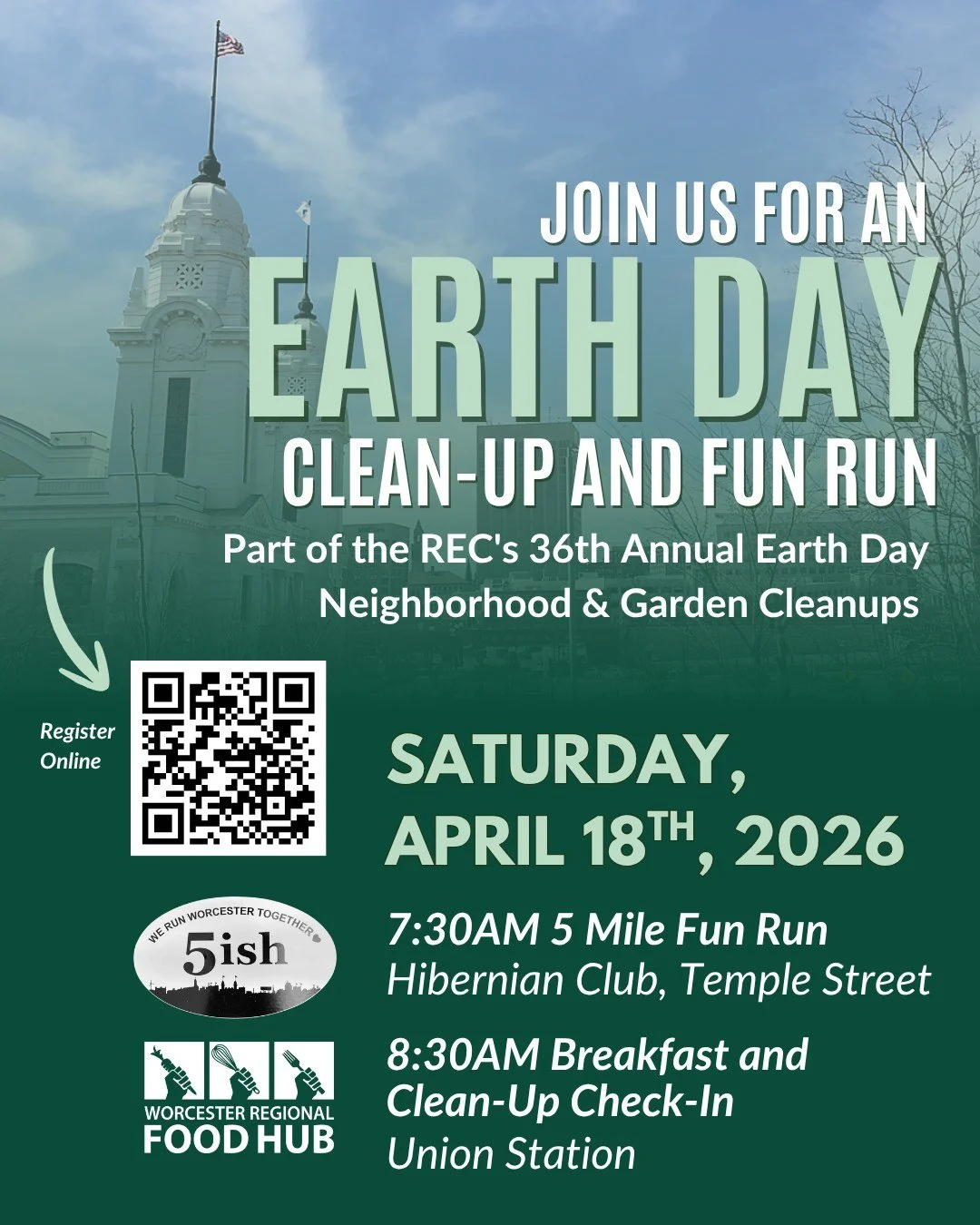 Do you love the streets of Downtown Worcester? We are partnering with @werunworcestertogether to be an official site for @recworcester's Earth Day Clean-Ups! We are starting the day early with a Fun Run, and then we will have some delicious treats fr
