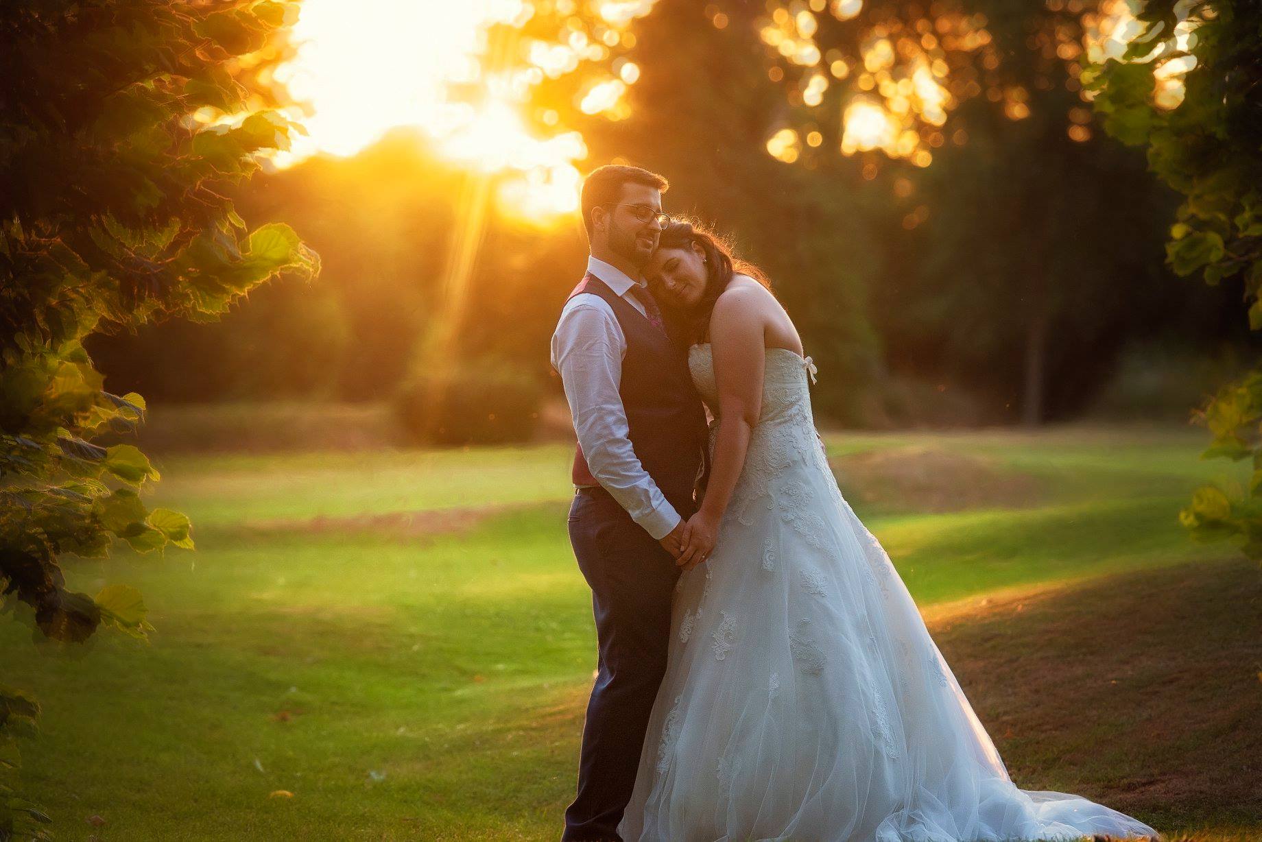 Lovely bride and groom wedding photo at sunset in London