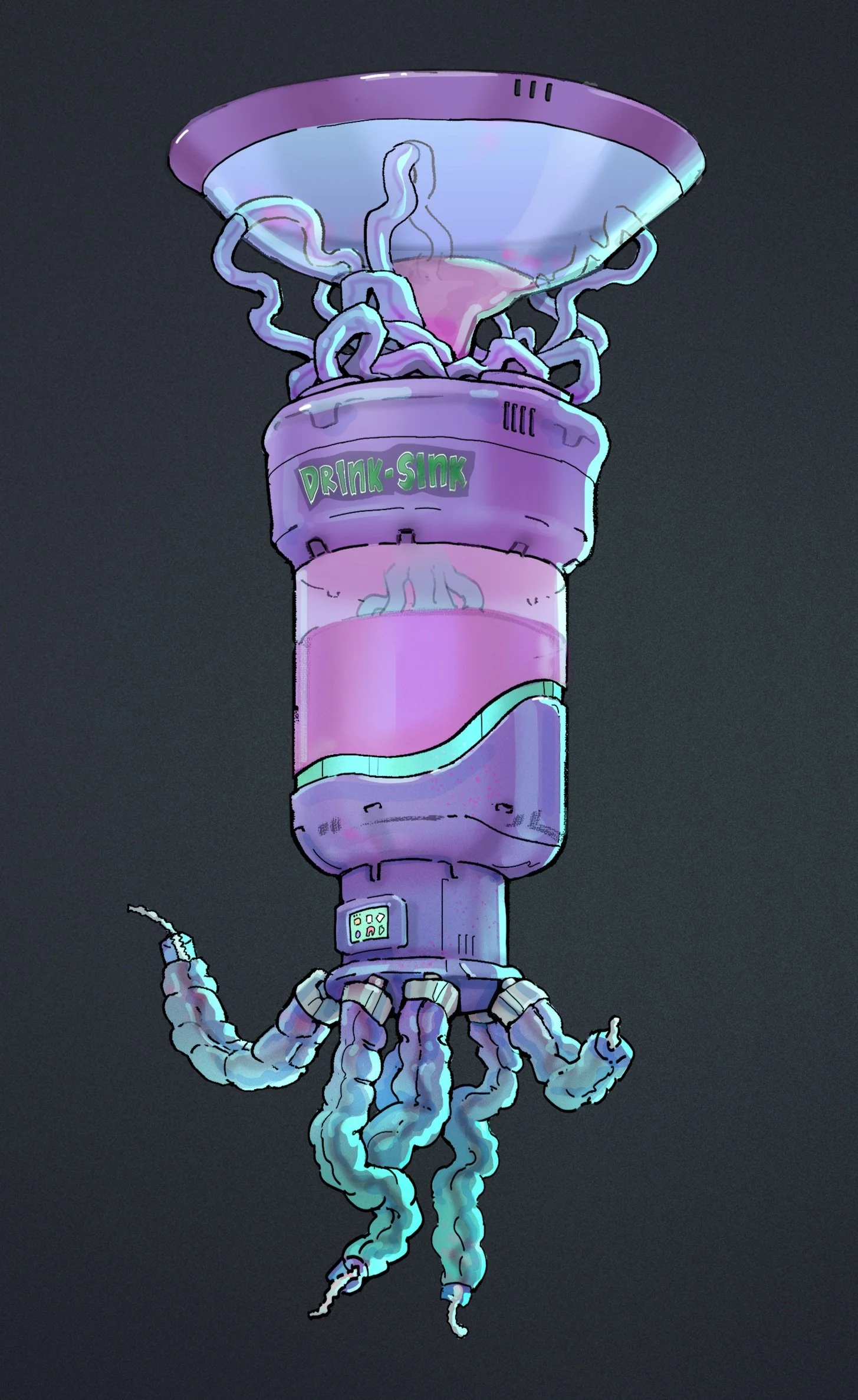 A futuristic, cartoon-style drink sink with tentacle-like appendages, labeled 'DRINK-SINK', with a digital display and icons, emitting a glowing purple and blue hue.