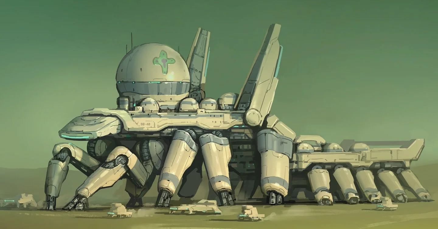 The B0-40, a carrier class mecha specializing in rugged terrain. 

A more painterly one for @alexkonstad s class at @underpaintacademy focusing on scale. Would definitely go a bit cleaner with the model next time, was fighting with the painting stage