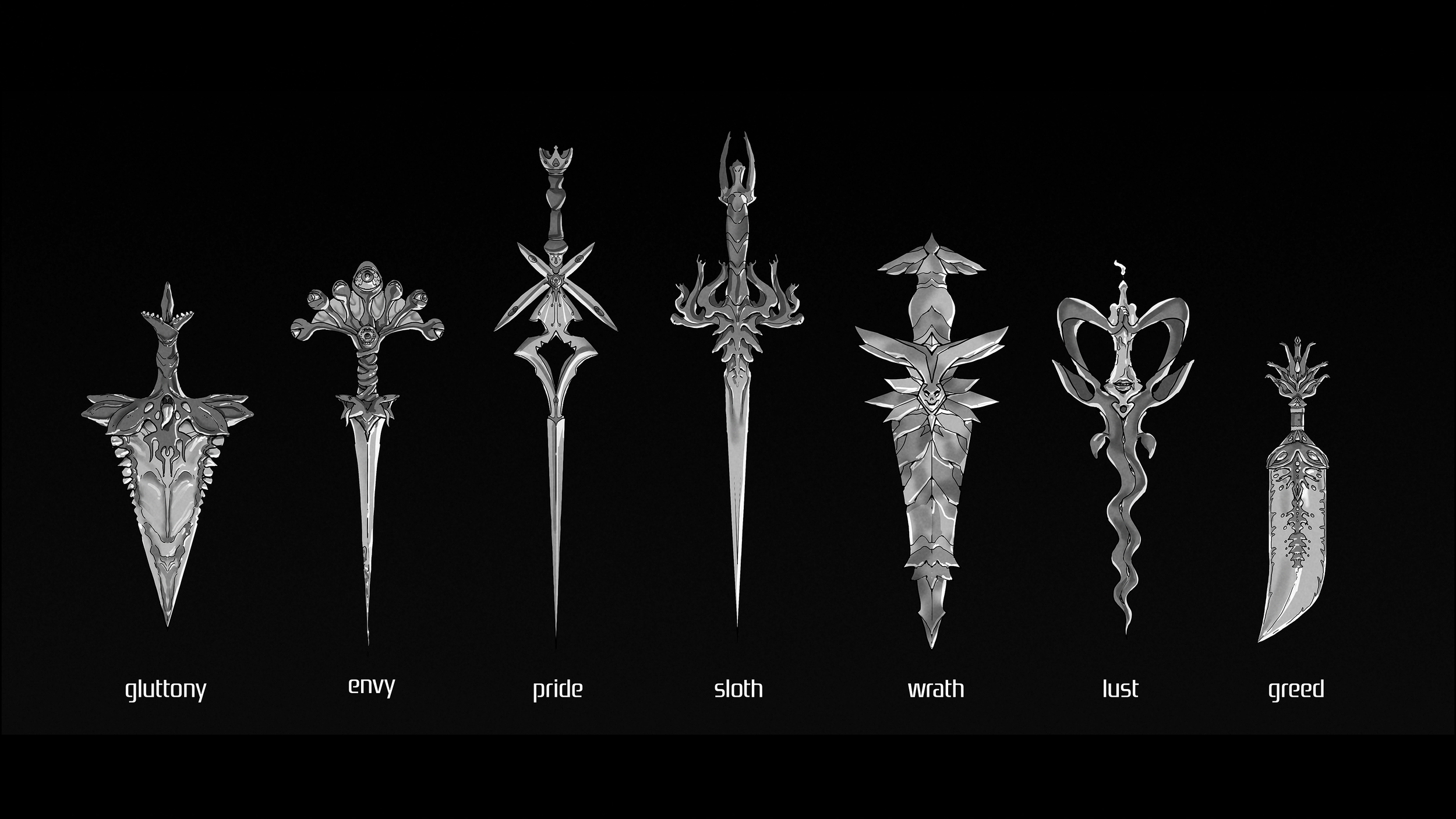 Seven ornate, stylized weapons representing the seven deadly sins: gluttony, envy, pride, sloth, wrath, lust, and greed, displayed against a black background.