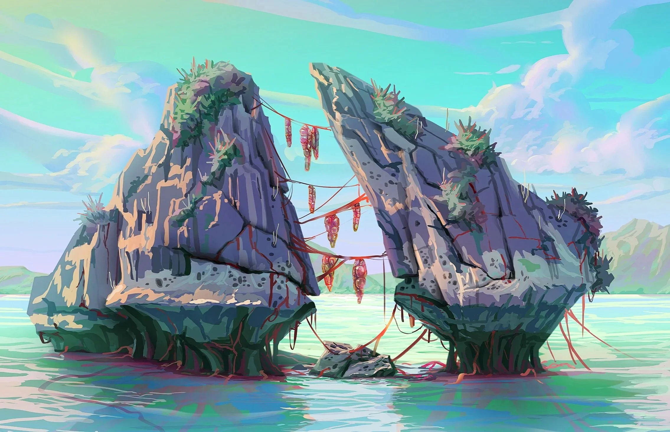 Two large rocks emerge from the water with plants growing on them, tied together with red strings and hanging decorations, in a vibrant landscape with a sky filled with light clouds.