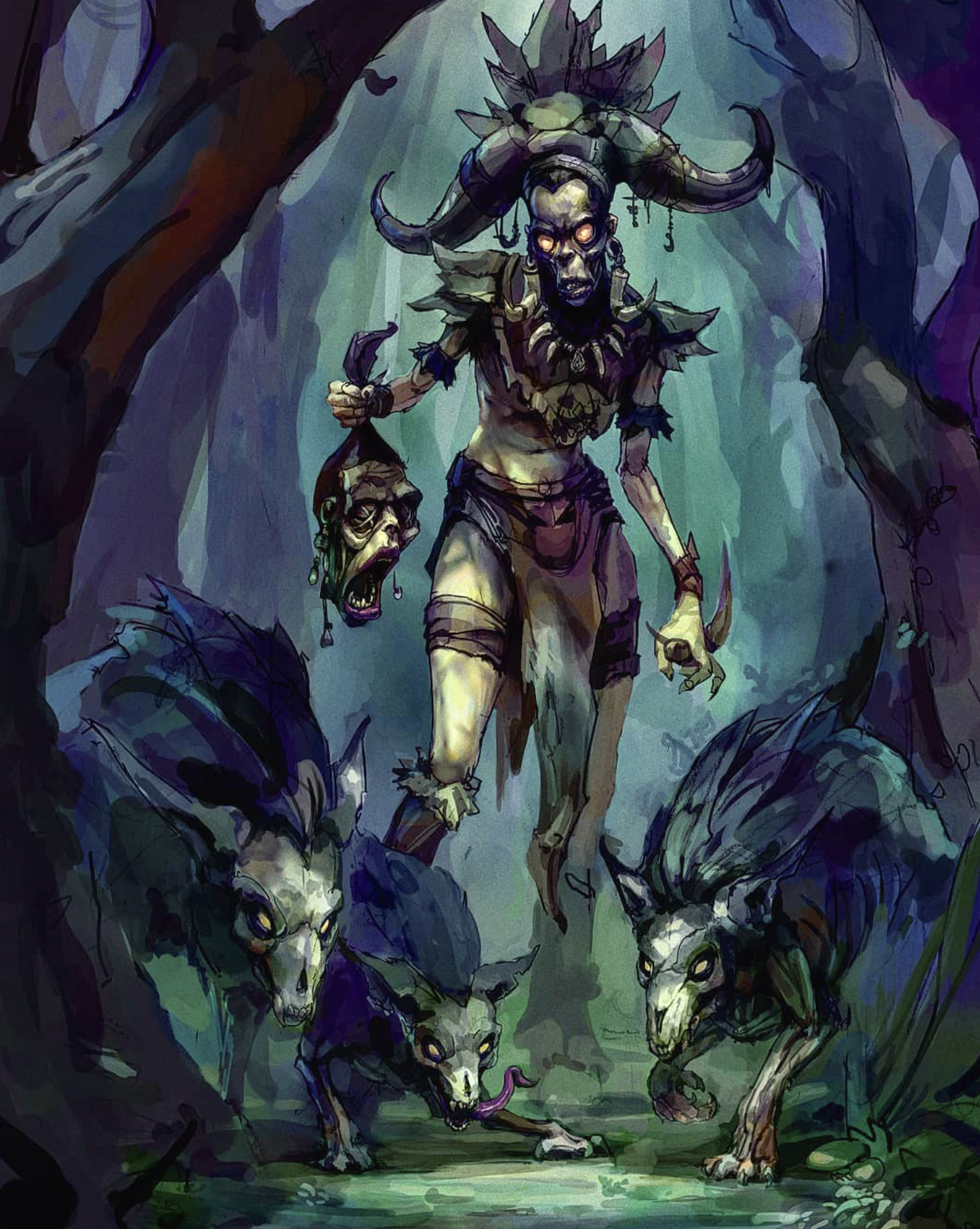 A dark fantasy illustration of a humanoid creature with a skull face, horns, and glowing eyes, carrying a severed head and surrounded by fierce wolf-like animals in a forest.