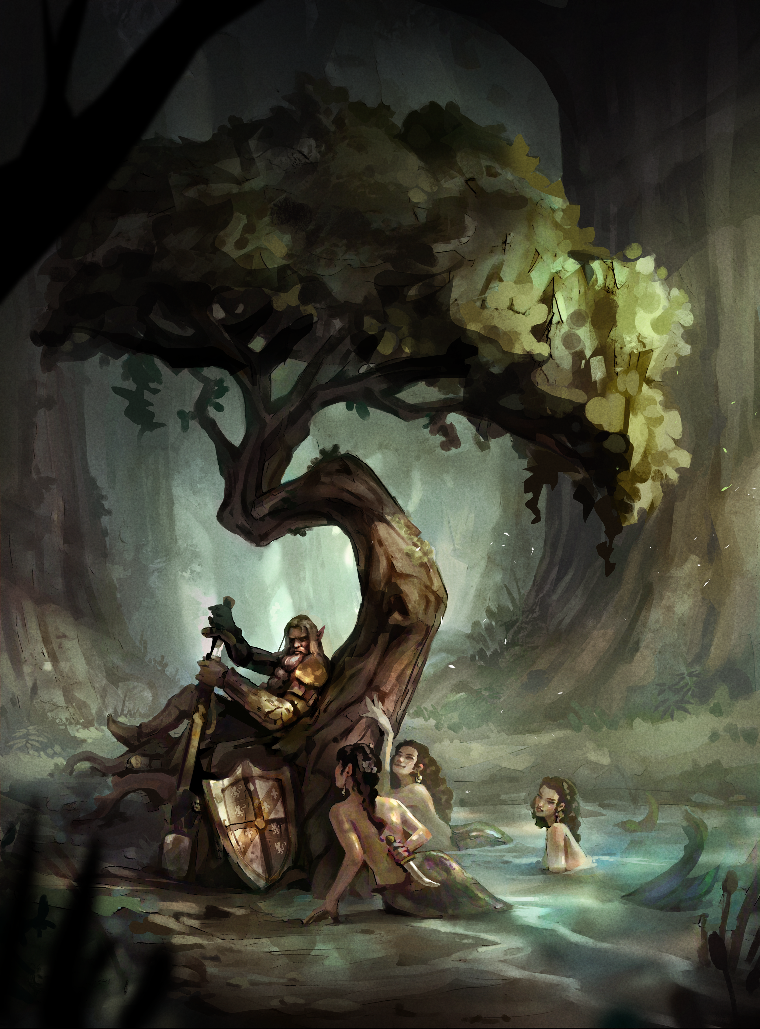 Fantasy scene of a man dressed as a knight sitting against a large tree in a dreamlike forest, with three women in the water nearby, all smiling and engaging with one another.