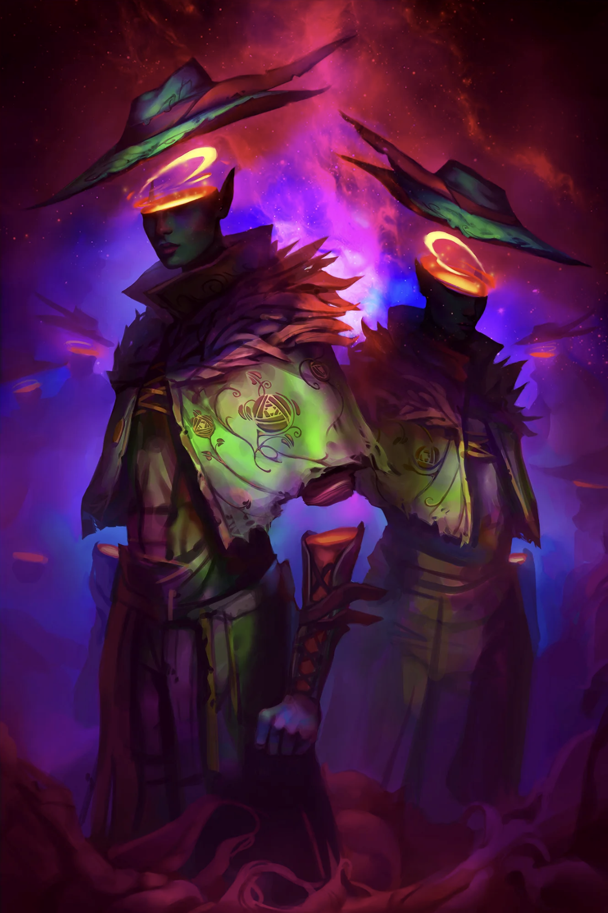 Fantasy digital art of two figures with glowing halos, wearing elaborate, spiked armor and wide-brimmed hats, surrounded by a cosmic, colorful nebula in space.