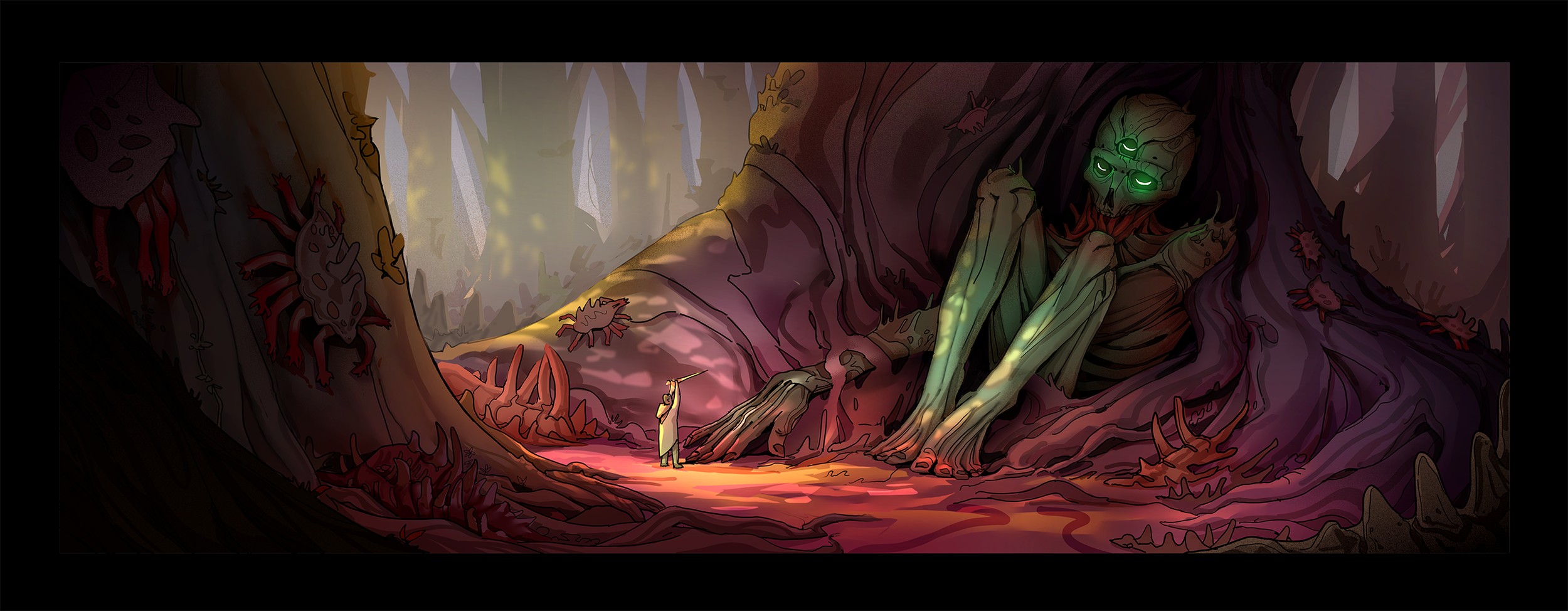 A person in a yellow shirt and green pants holding a sword confronts a massive creature with glowing green eyes and a skull-like face, inside a dark, ominous forest with strange creatures on trees and the ground.