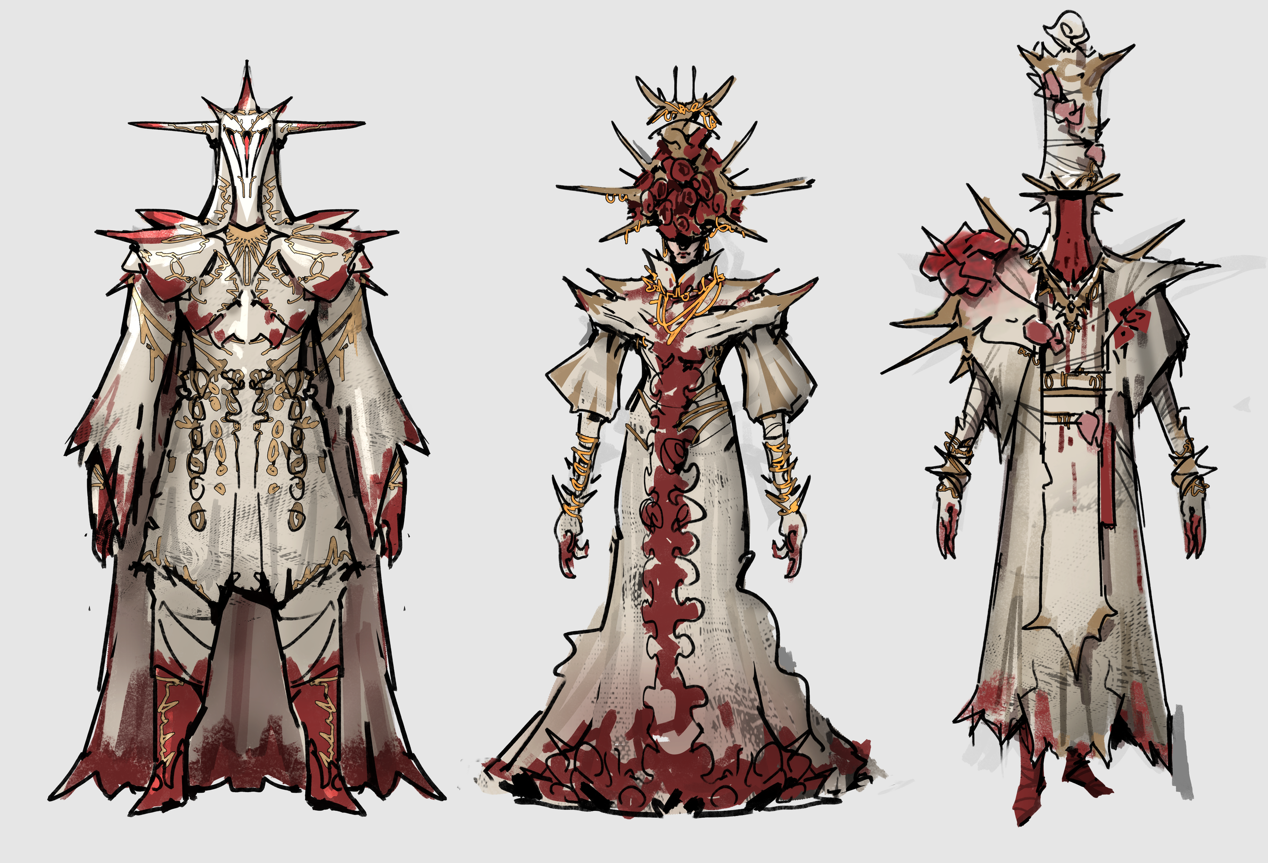 Concept art of three elaborate, dark fantasy characters dressed in armor and flowing garments with thorns, spikes, and blood-like red accents.