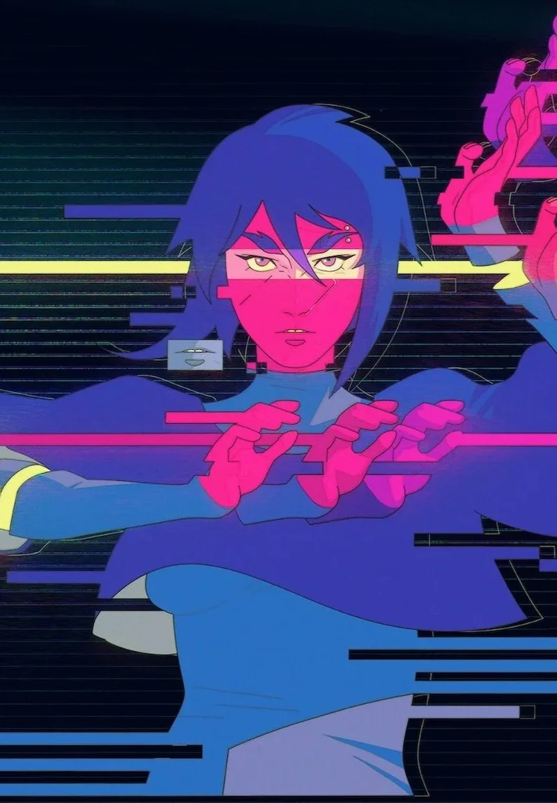 Digital artwork of a character with short blue hair and yellow eyes, with glitch effects and neon colors, holding a pink weapon, in a futuristic style.