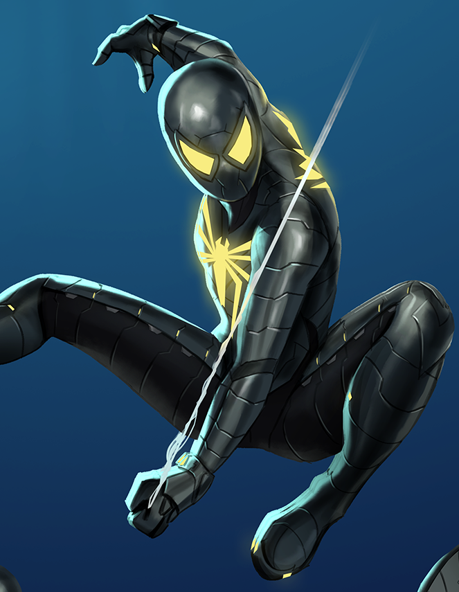 A digital illustration of a black superhero suit with glowing yellow accents, in a dynamic pose against a blue background.