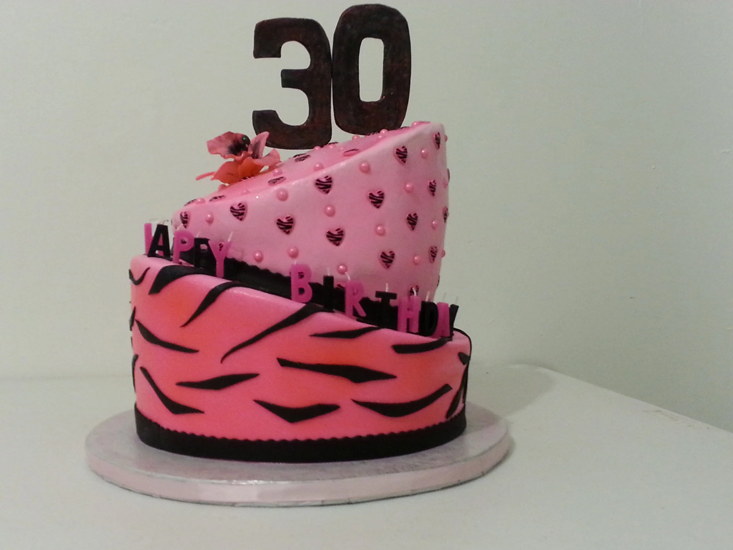 Unique, heart, pearl, pink-striped birthday cake