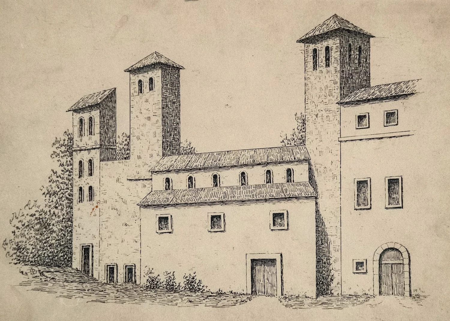 Artist’s impression of the medieval buildings of the English Hospice, Rome, and the Church of the Most Holy Trinity and St Thomas of Canterbury, on the site of the present-day Venerable English College, as they would have looked in the mid-sixteenth century.