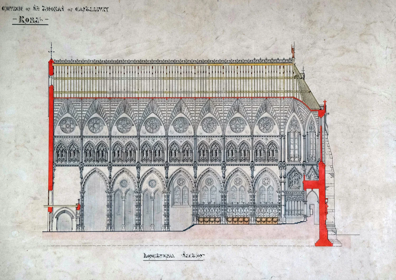 Unexecuted designs by Edward Welby Pugin for the new Church of St Thomas of Canterbury, Rome, 1868.
