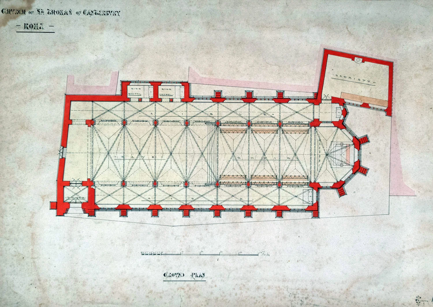 Unexecuted designs by Edward Welby Pugin for the new Church of St Thomas of Canterbury, Rome, 1868.