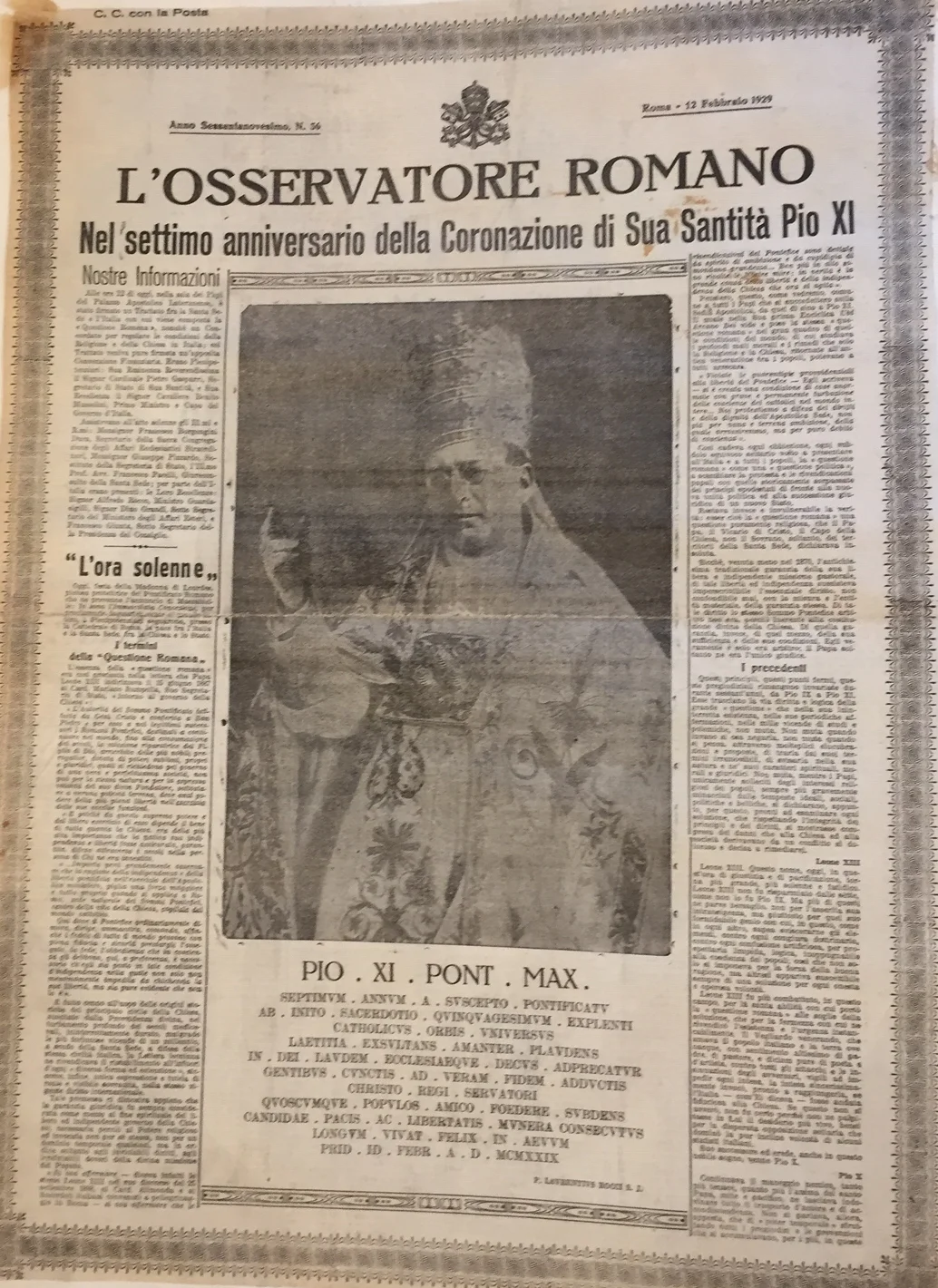 L’Osservatore Romano for Tuesday, 12 February 1929, celebrating the seventh anniversary of Pope Pius XI AVCAU, Newspaper collection