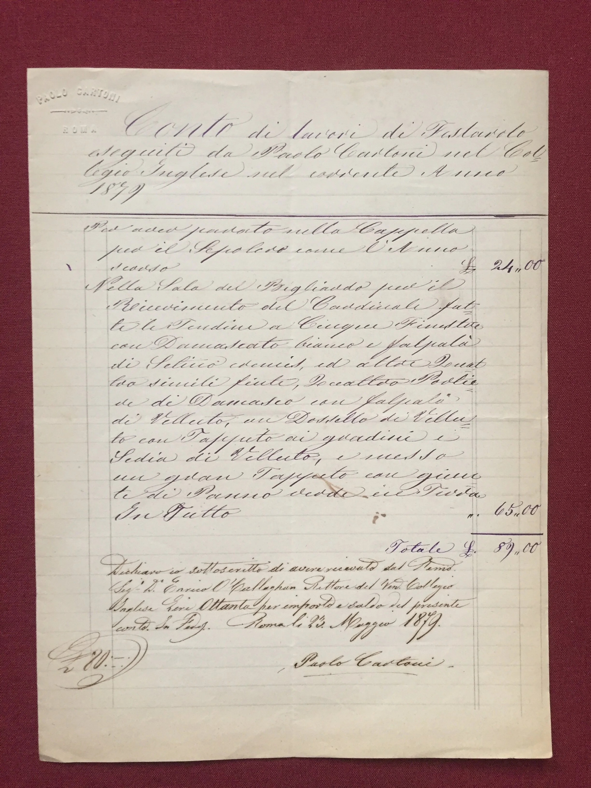 Bill and receipt from the Rome-based supplier, Paolo Cartoni, for the decoration in damask of the Billiard Room at the Venerable English College, Rome, together with the furnishing of a velvet seat and a large rug for the grand reception to welcome the newly elevated Cardinal John Henry Newman on 14 May 1879. AVCAU, Liber 1114, receipts file for 23 May 1879