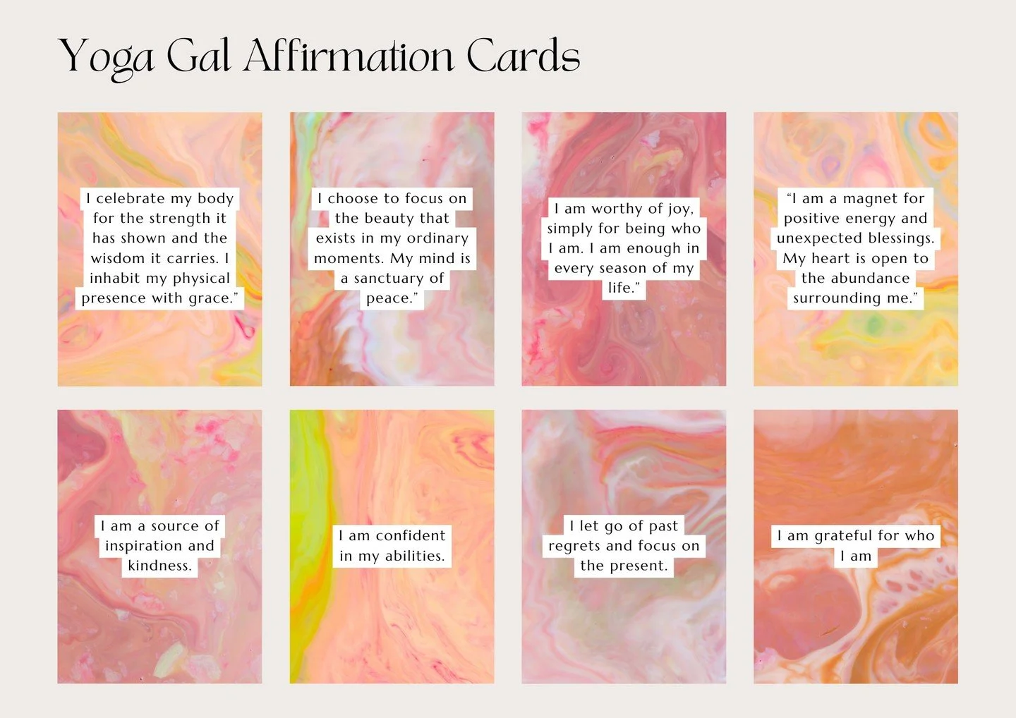 Yoga Gal Affirmations for creating more joy in your life.  Customize these affirmations and try one each day and watch your positivity flourish.  #mindset#gratitude#happiness#yogagal92130