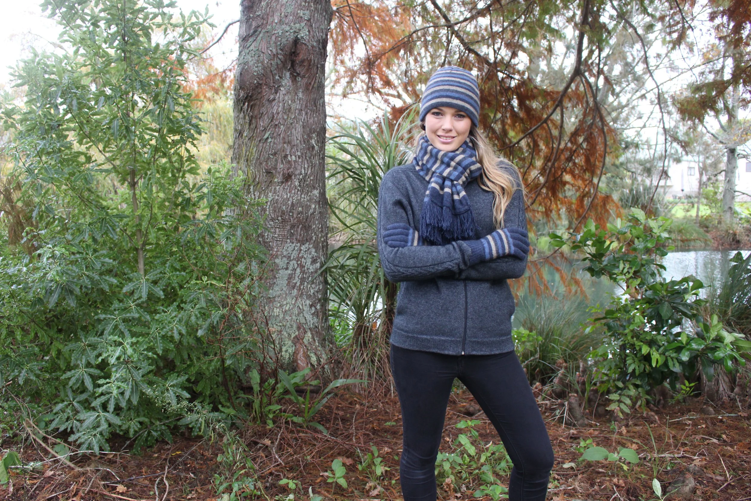 Possum Merino Multi Stripe Set - Beanie, Scarf and Fingerless Gloves 9951-52-65