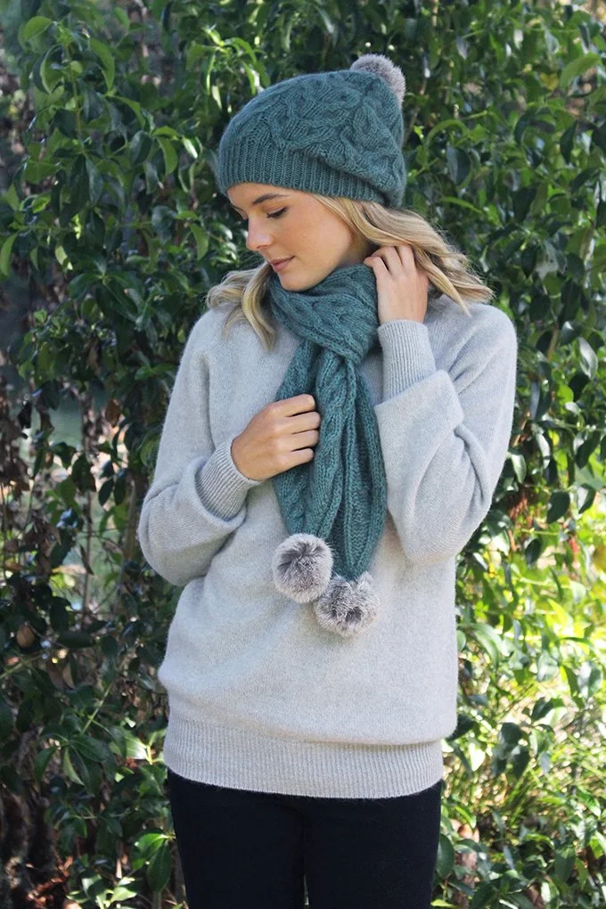 Possum Merino Cable Scarf with Rabbit Fur Pompoms 9873