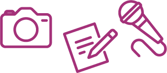 A camera, pen, paper, and microphone