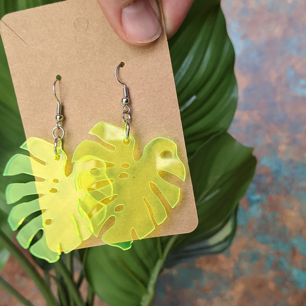 Fluorescent Green Monstera Leaf Earrings  Lathe and Quill