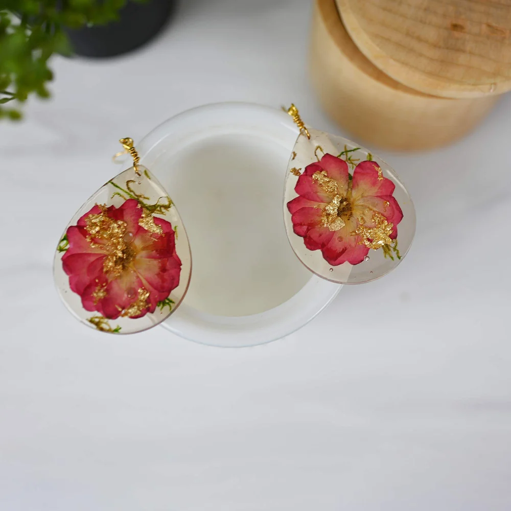 Floral Tear Drop Resin Earrings — Lathe and Quill