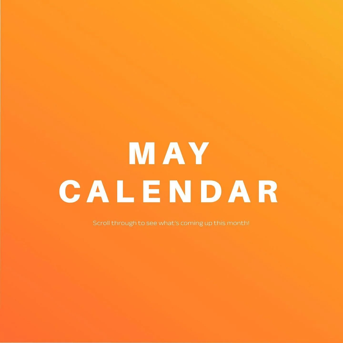 MAY CALENDAR! 

Stoked for the upcoming weeks. What are you most excited for? 

Wednesday the 3rd: PURSUIT NIGHT

Wednesday the 10th: SQUAD NIGHT (Glow Dodgeball Edition) 

Wednesday the 17th: T-TIME x SMALL GROUPS 

Wednesday the 24th: MIDS ONLY Par