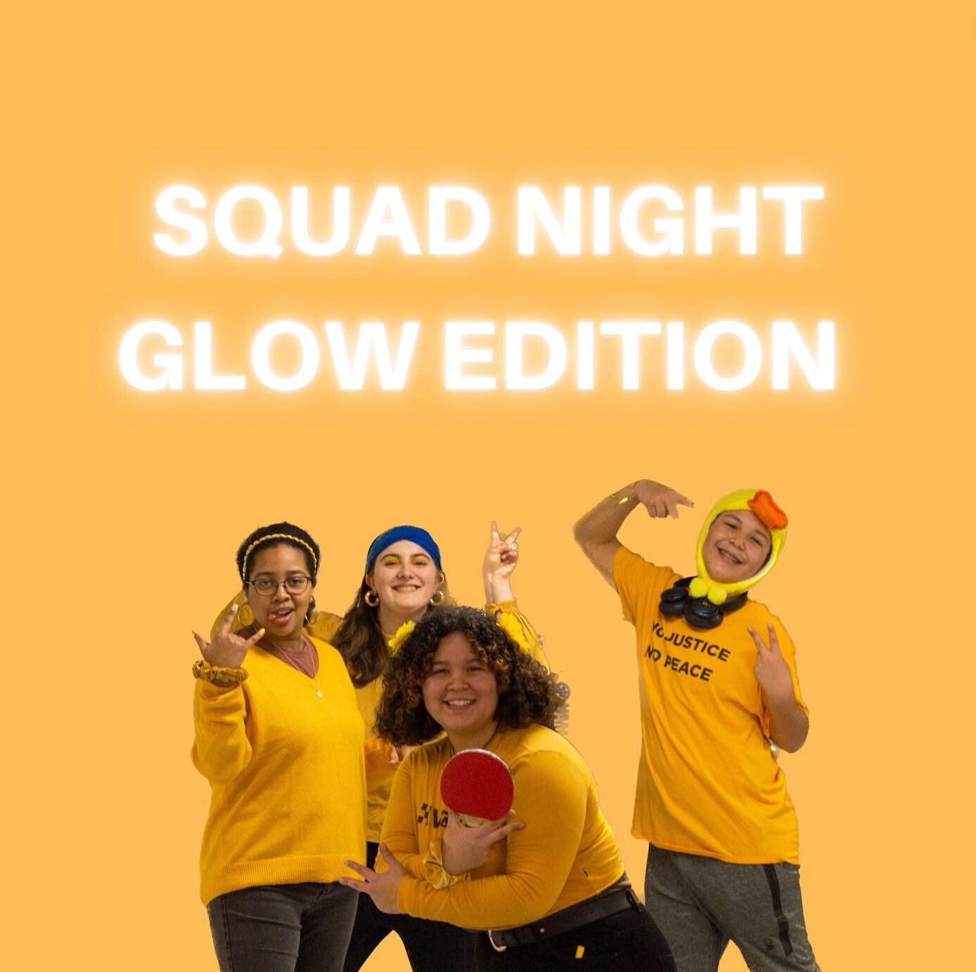 Tomorrow is SQUAD NIGHT (but make it GLOW). 

Invite a friend, rep your team colours (and some white to really glow) and get ready to battle for more points! 

Mids: 6pm, Highs: 7:30pm. 

May the odds be ever in your favor 👀💪🏽