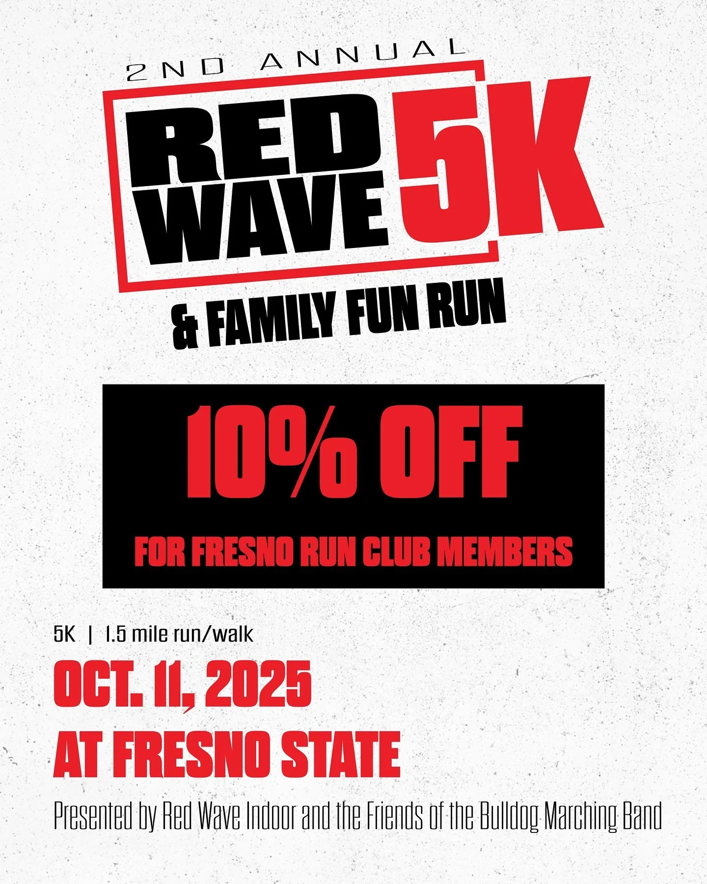 Fresno Run Club! This one is for you! We are offering 10% off to all @fresnorunclub members. Be sure to check in at today&rsquo;s meet to learn more!

The Red Wave 5K is sponsored by @fleetfeetfresno, @sierrameadowsbehavioralhealth, @toweryoga, and @