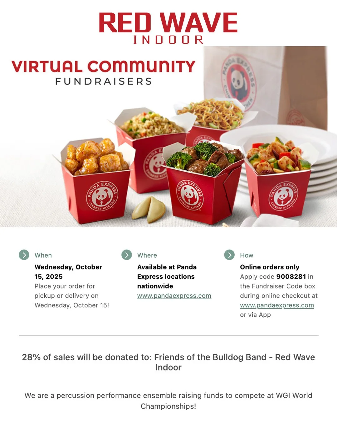 🐼Join us for another fundraiser!🍚

📍Panda Express nationwide
📅 October 15
📱Mobile/online orders via Panda app/website only
🔢 Use code 9008281 in the fundraiser code box during checkout

28% of the proceeds will directly support getting us to Da