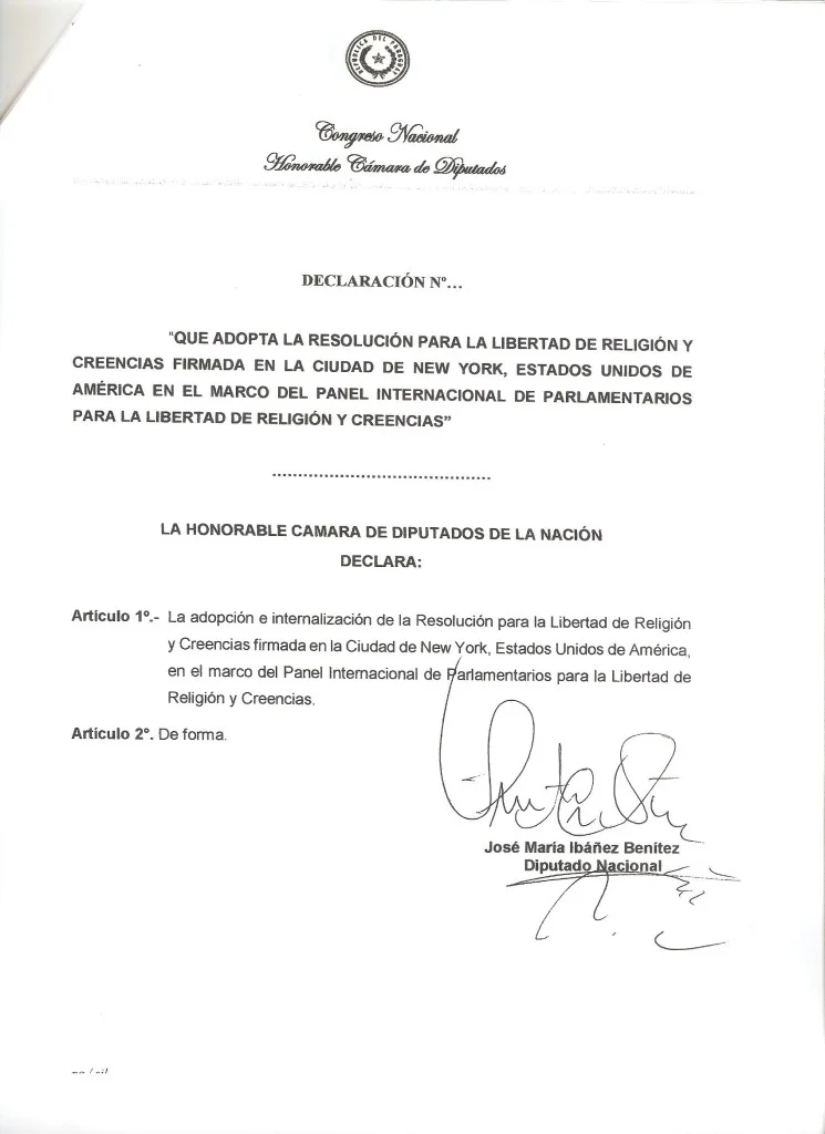 Paraguay House of Representatives adopts NY Resolution on FoRB