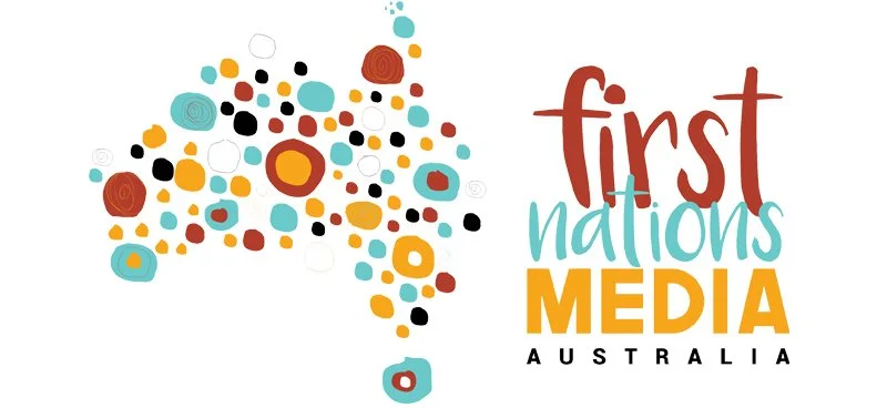 Colorful abstract map of Australia made of various circles and shapes, with text reading "First Nations Media Australia" in different colors and fonts.