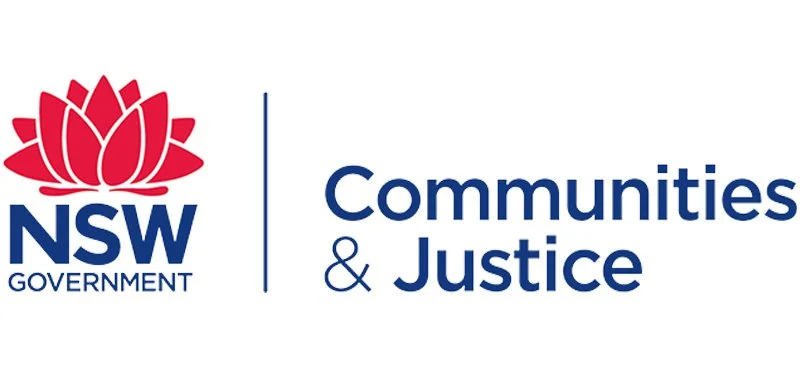 Logo of NSW Government with a red lotus flower and the text 'Communities & Justice'.
