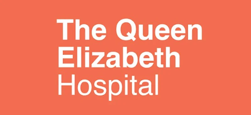 Text on a reddish-orange background that reads "The Queen Elizabeth Hospital" in bold white letters.